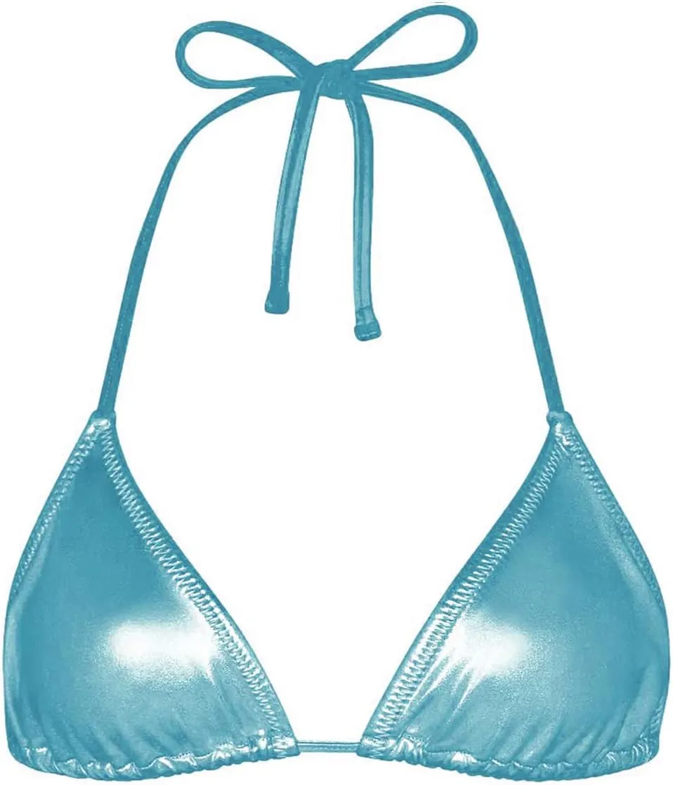 Women's Metallic Bikini Top - Halter Shiny Triangle Bralette Rave Tops Tie Side Swimsuit Bra