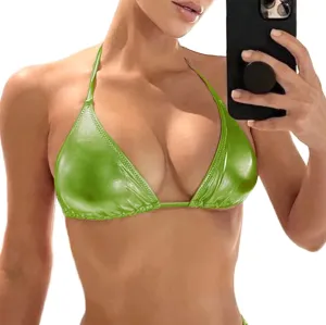 Women's Metallic Bikini Top - Halter Shiny Triangle Bralette Rave Tops Tie Side Swimsuit Bra