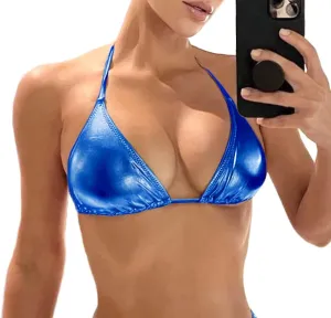 Women's Metallic Bikini Top - Halter Shiny Triangle Bralette Rave Tops Tie Side Swimsuit Bra