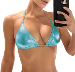 Women's Metallic Bikini Top - Halter Shiny Triangle Bralette Rave Tops Tie Side Swimsuit Bra