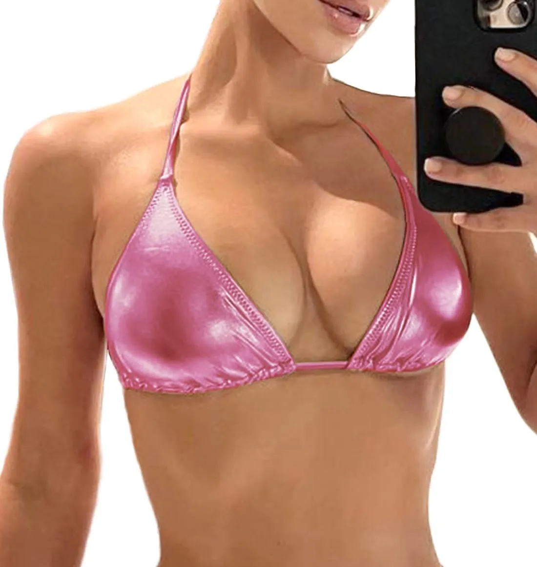 Women's Metallic Bikini Top - Halter Shiny Triangle Bralette Rave Tops Tie Side Swimsuit Bra