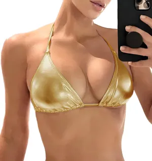 Women's Metallic Bikini Top - Halter Shiny Triangle Bralette Rave Tops Tie Side Swimsuit Bra