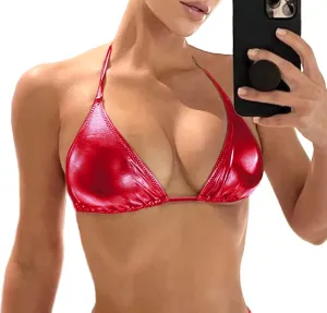 Women's Metallic Bikini Top - Halter Shiny Triangle Bralette Rave Tops Tie Side Swimsuit Bra