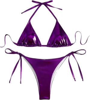 Women's Metallic Shiny Bathing Suit High Waisted Triangle Tie Side Swimsuit Bikini Set