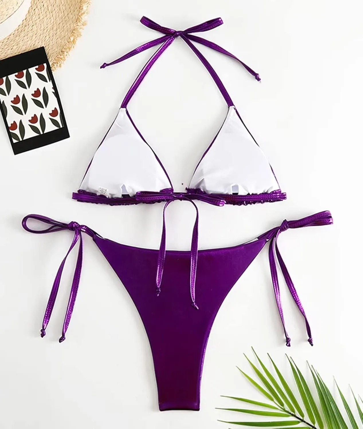 Women's Metallic Shiny Bathing Suit High Waisted Triangle Tie Side Swimsuit Bikini Set