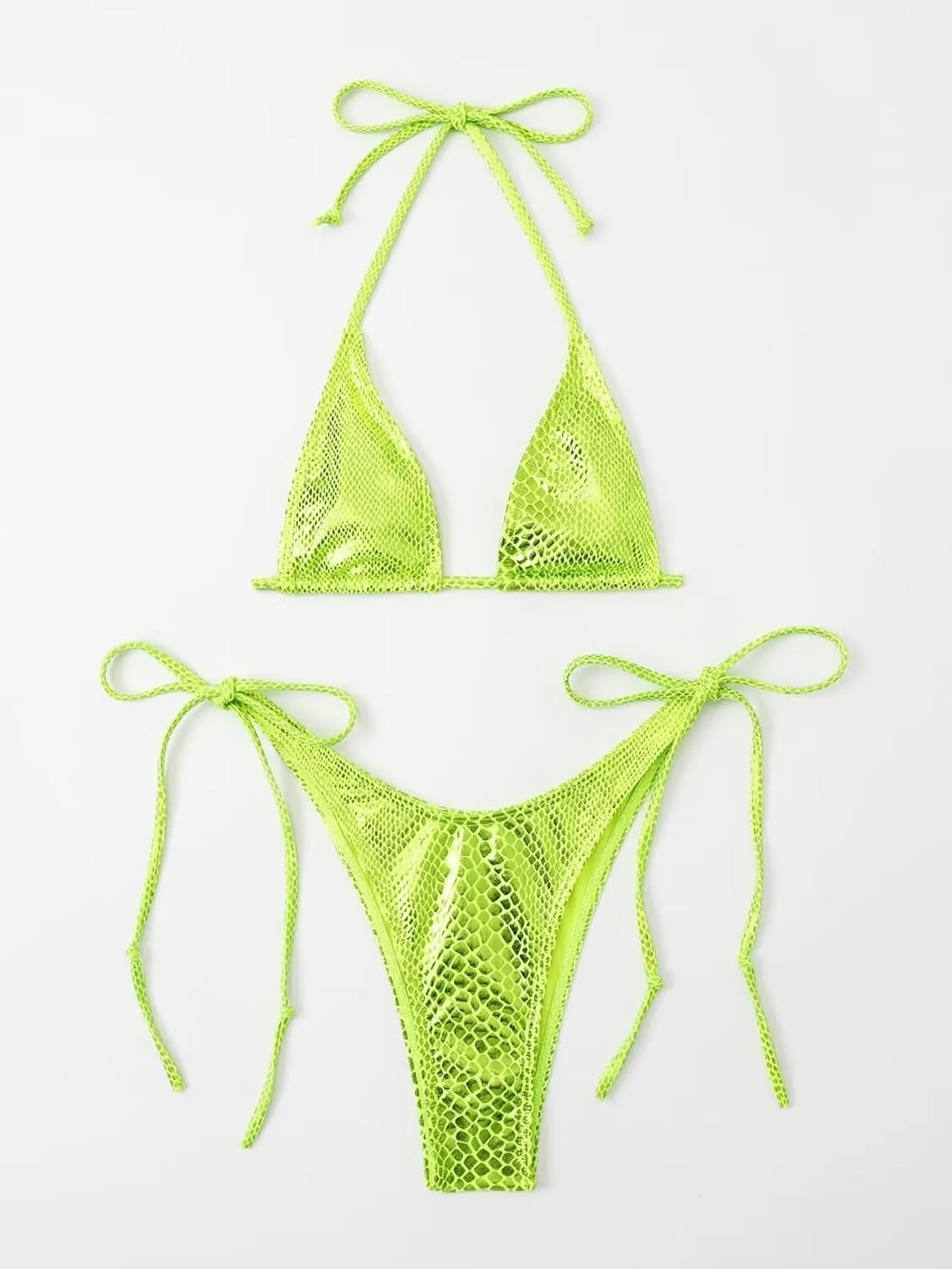 Women's Metallic Snakeskin Print Bathing Suit High Waisted Triangle Tie Side Swimsuit Bikini Set