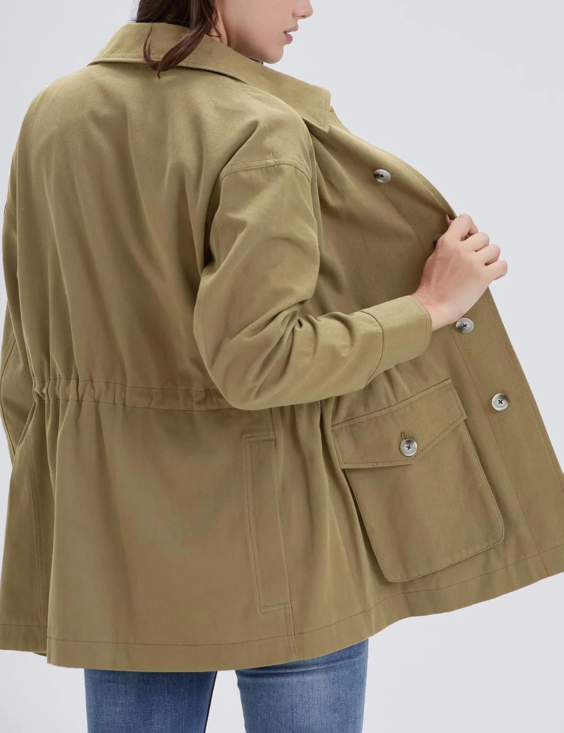 Women's Military Jacket Lightweight Button Up Utility Drawstring Waist Anorak Coat with Pockets