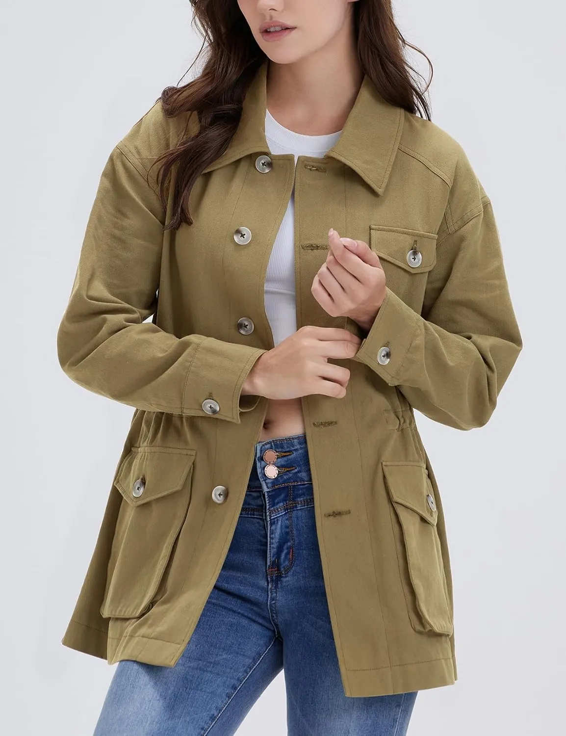 Women's Military Jacket Lightweight Button Up Utility Drawstring Waist Anorak Coat with Pockets