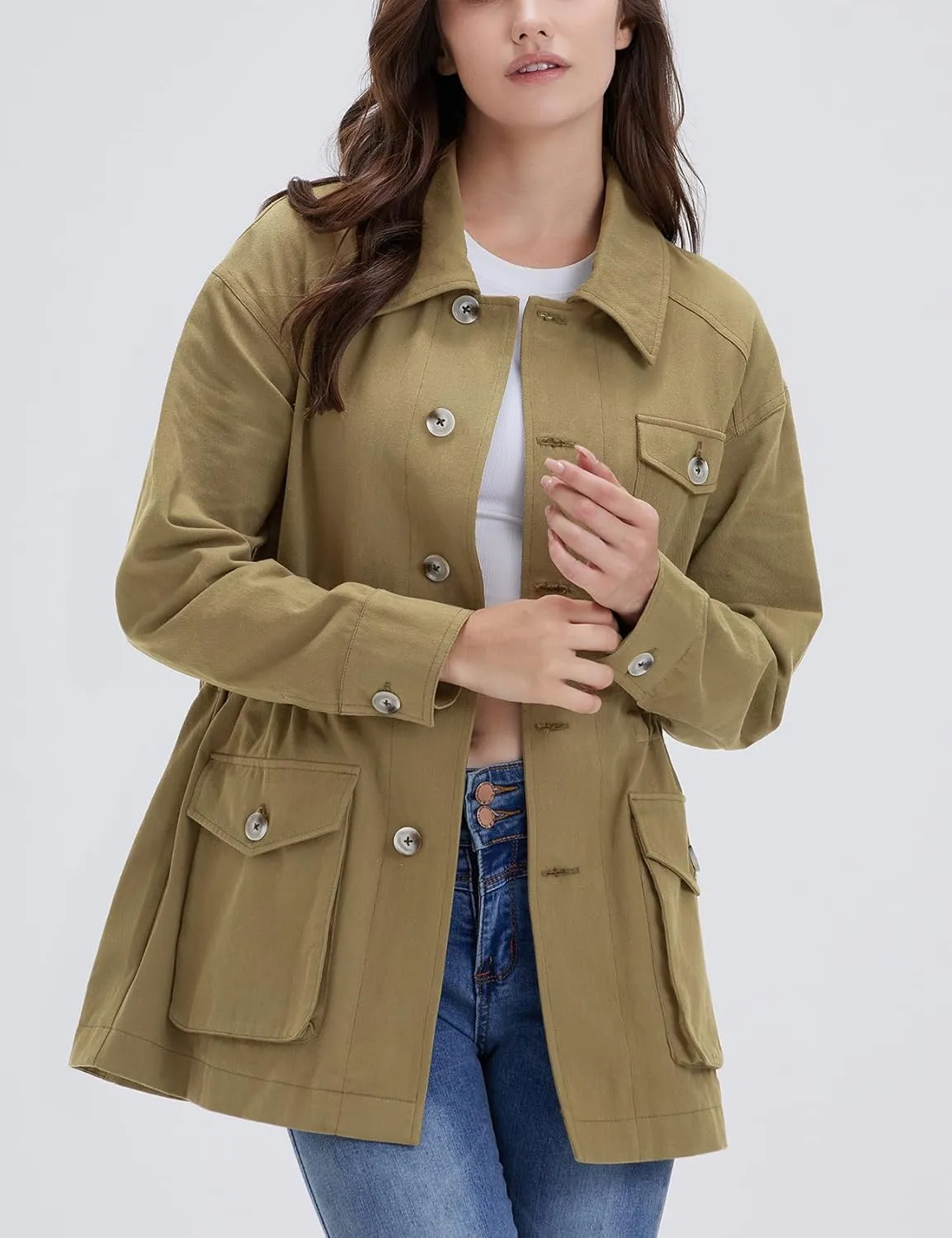 Women's Military Jacket Lightweight Button Up Utility Drawstring Waist Anorak Coat with Pockets