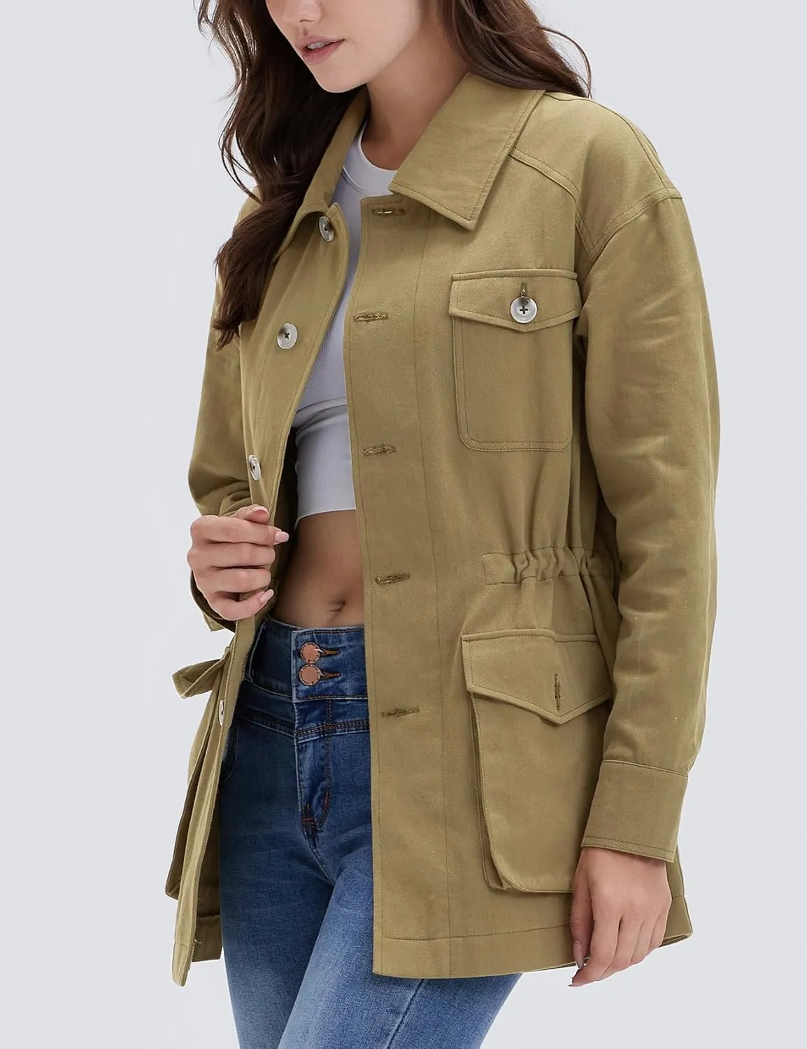 Women's Military Jacket Lightweight Button Up Utility Drawstring Waist Anorak Coat with Pockets