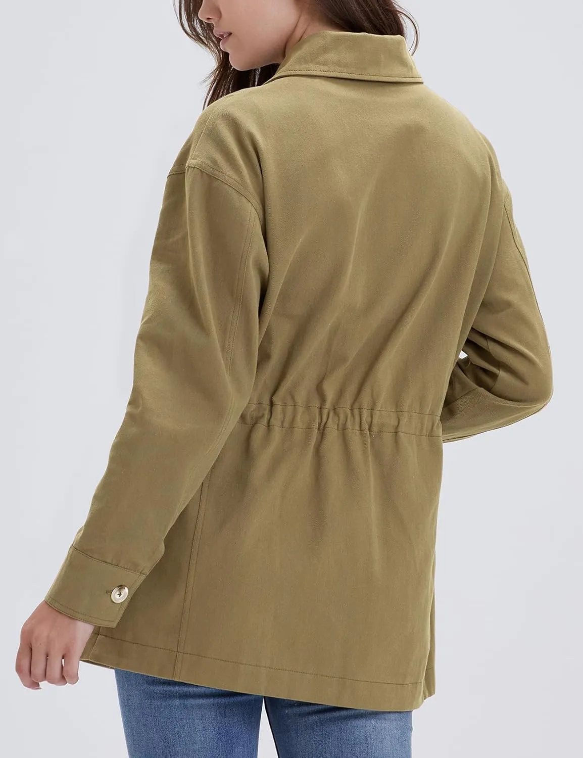 Women's Military Jacket Lightweight Button Up Utility Drawstring Waist Anorak Coat with Pockets