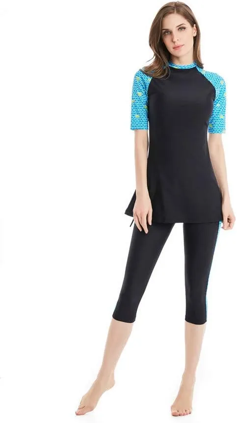 Womens Modest Swimsuit 2 Piece Elegant Short Sleeve Bikinis Surfing Swimwear