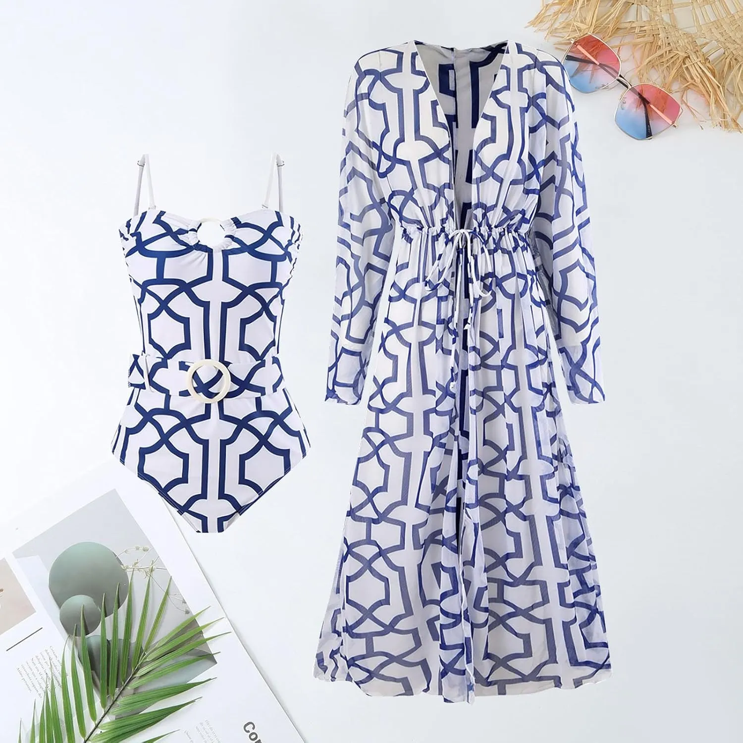 Women's One-Piece Swimsuits with Sarongs Sets Women Print Fashion Conservative Chest Pads Long Sleeve Bikinis