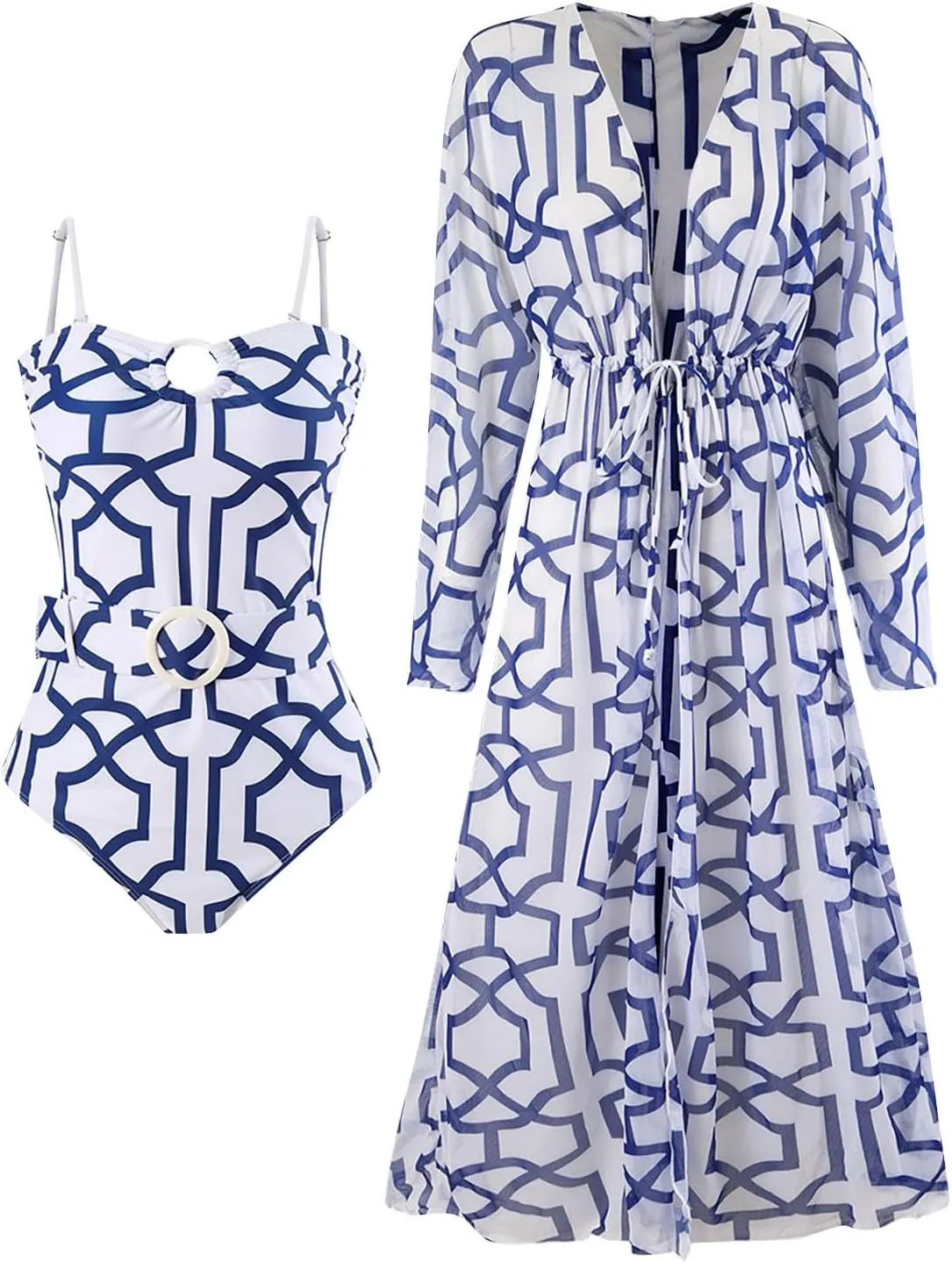 Women's One-Piece Swimsuits with Sarongs Sets Women Print Fashion Conservative Chest Pads Long Sleeve Bikinis