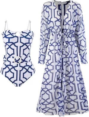 Women's One-Piece Swimsuits with Sarongs Sets Women Print Fashion Conservative Chest Pads Long Sleeve Bikinis