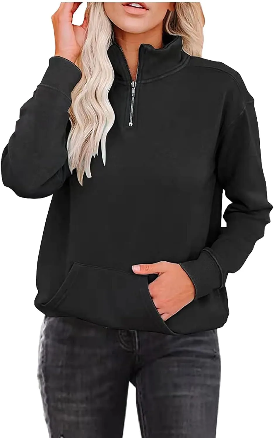 Womens Oversized Half Zip Sweatshirt Casual Long Sleeve Solid Color Soft Sweatshirt Pullover Jacket with Pocket