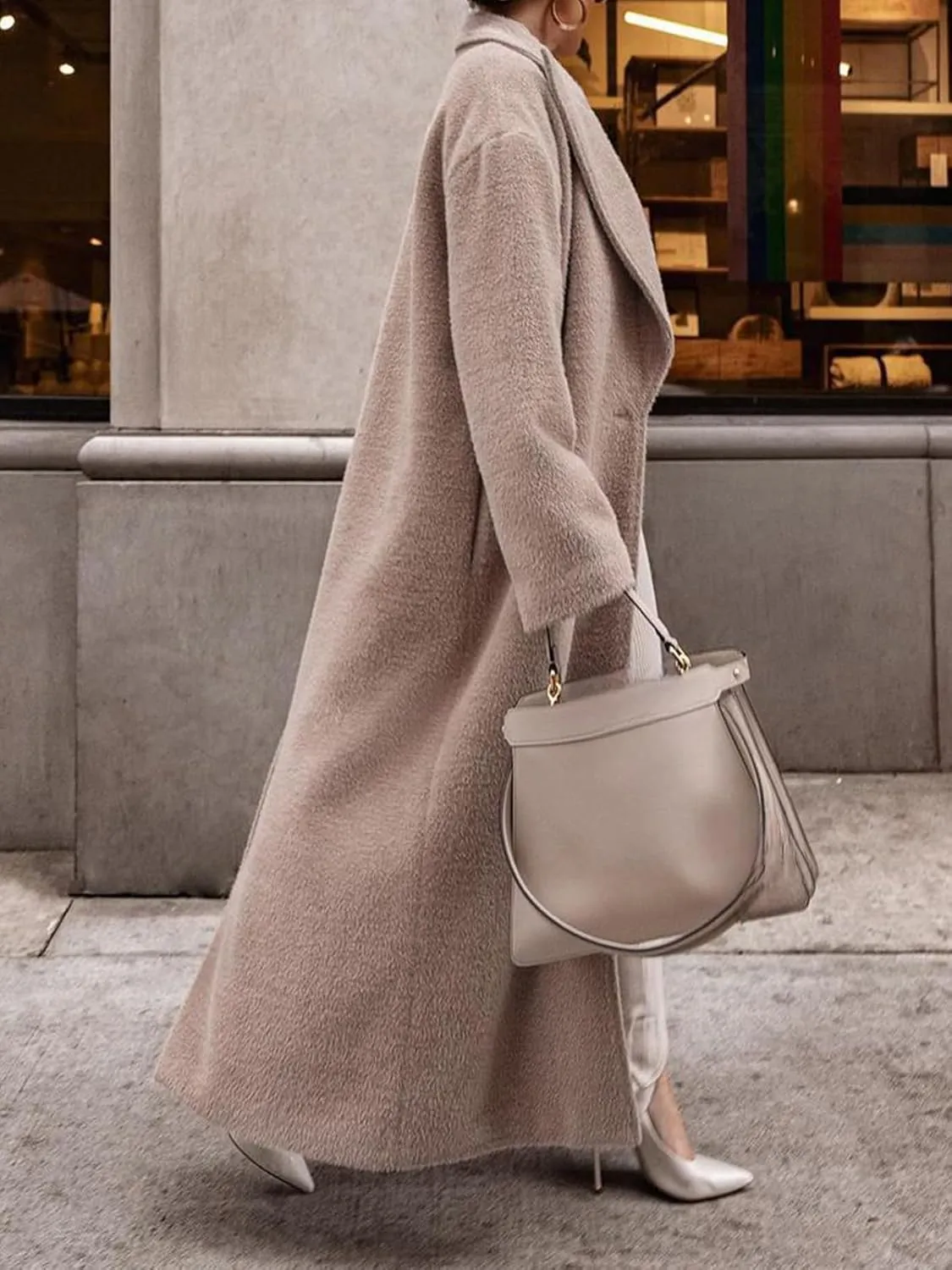Women's Pea Coat Notch Lapel Single Breasted Oversized Long Casual Wool Blend Maxi Trench Coat