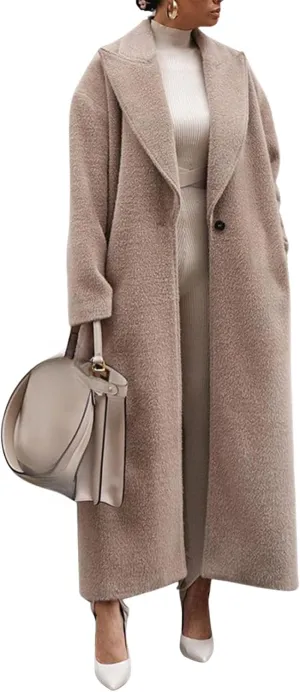 Women's Pea Coat Notch Lapel Single Breasted Oversized Long Casual Wool Blend Maxi Trench Coat