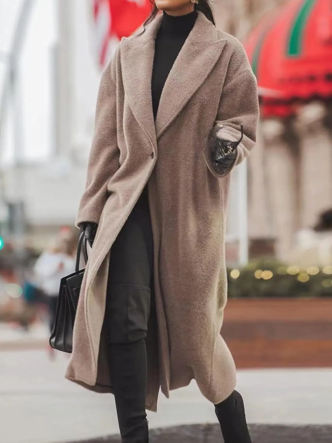 Women's Pea Coat Notch Lapel Single Breasted Oversized Long Casual Wool Blend Maxi Trench Coat