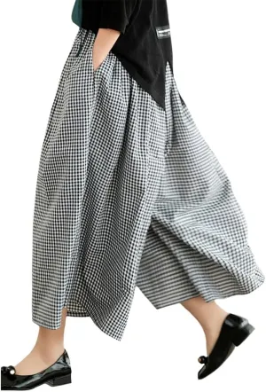 Womens Plaid Print Linen Pants Casual High Waisted Smocked Elastic Wide Leg Baggy Cropped Pants with Pockets