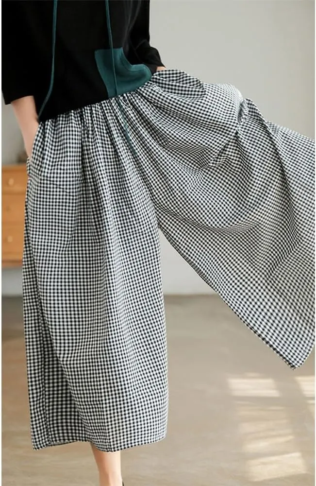 Womens Plaid Print Linen Pants Casual High Waisted Smocked Elastic Wide Leg Baggy Cropped Pants with Pockets