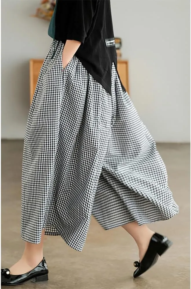 Womens Plaid Print Linen Pants Casual High Waisted Smocked Elastic Wide Leg Baggy Cropped Pants with Pockets