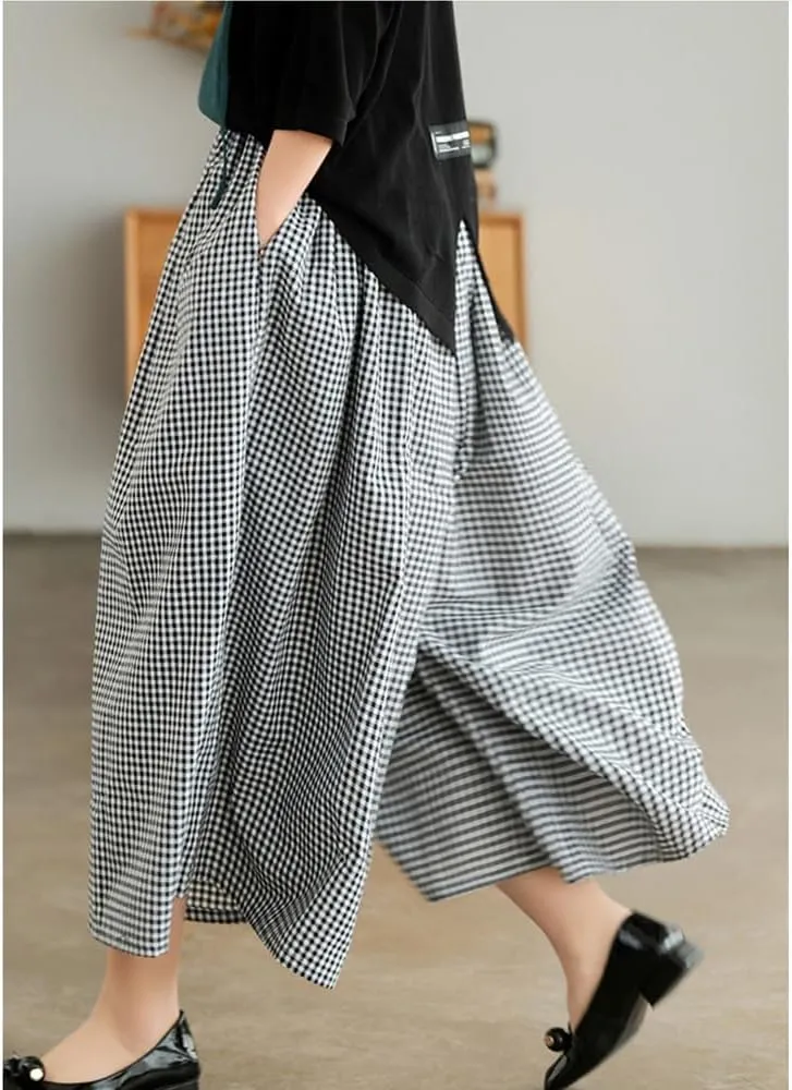 Womens Plaid Print Linen Pants Casual High Waisted Smocked Elastic Wide Leg Baggy Cropped Pants with Pockets