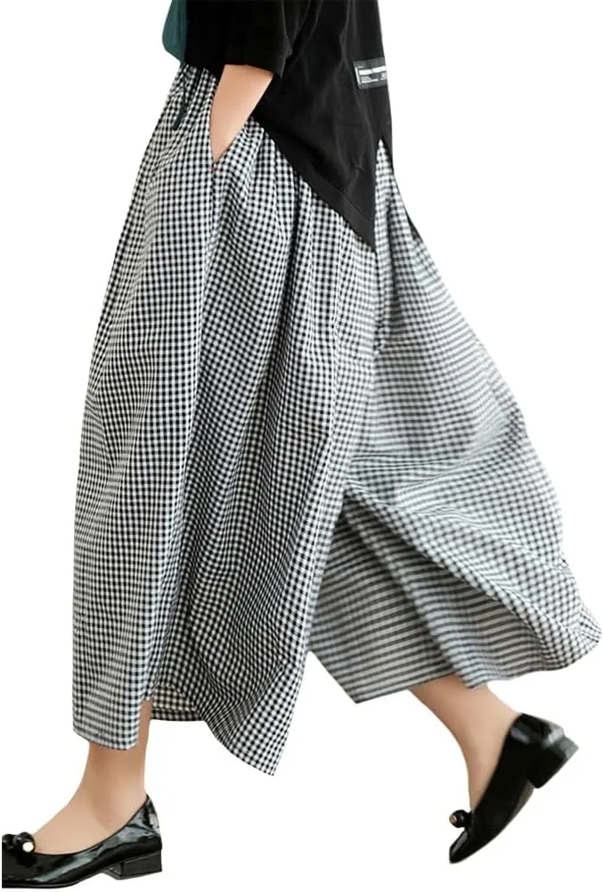 Womens Plaid Print Linen Pants Casual High Waisted Smocked Elastic Wide Leg Baggy Cropped Pants with Pockets