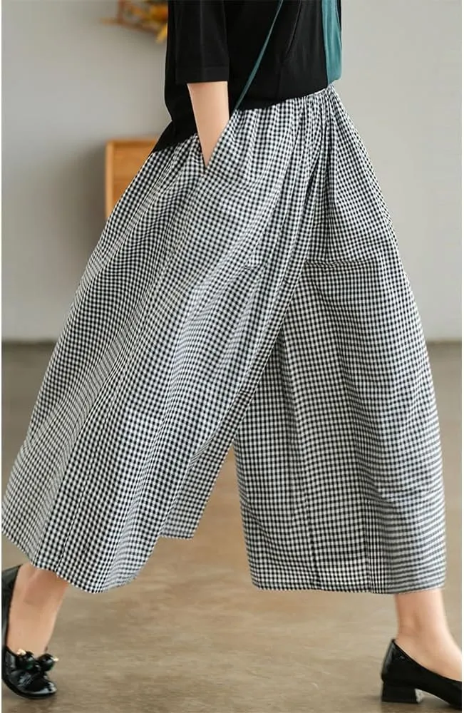 Womens Plaid Print Linen Pants Casual High Waisted Smocked Elastic Wide Leg Baggy Cropped Pants with Pockets