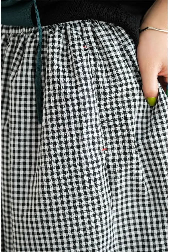 Womens Plaid Print Linen Pants Casual High Waisted Smocked Elastic Wide Leg Baggy Cropped Pants with Pockets