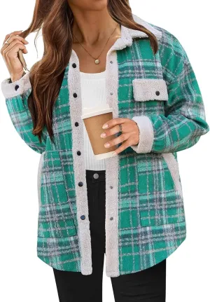 Womens Plaid Shacket Jacket Fall Outfits Flannel Plaid Button Down Warm Coat Fuzzy Fleece Open Front Shirts Jackets