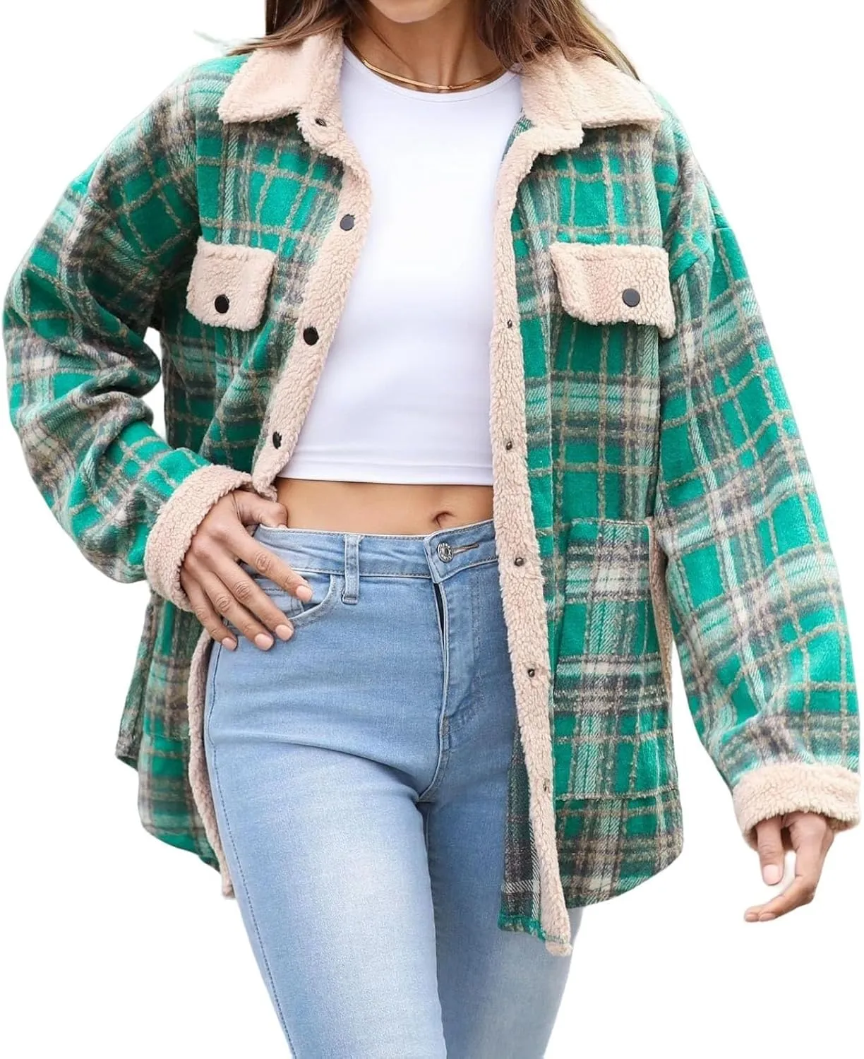 Womens Plaid Shacket Jacket Fall Outfits Flannel Plaid Button Down Warm Coat Fuzzy Fleece Open Front Shirts Jackets