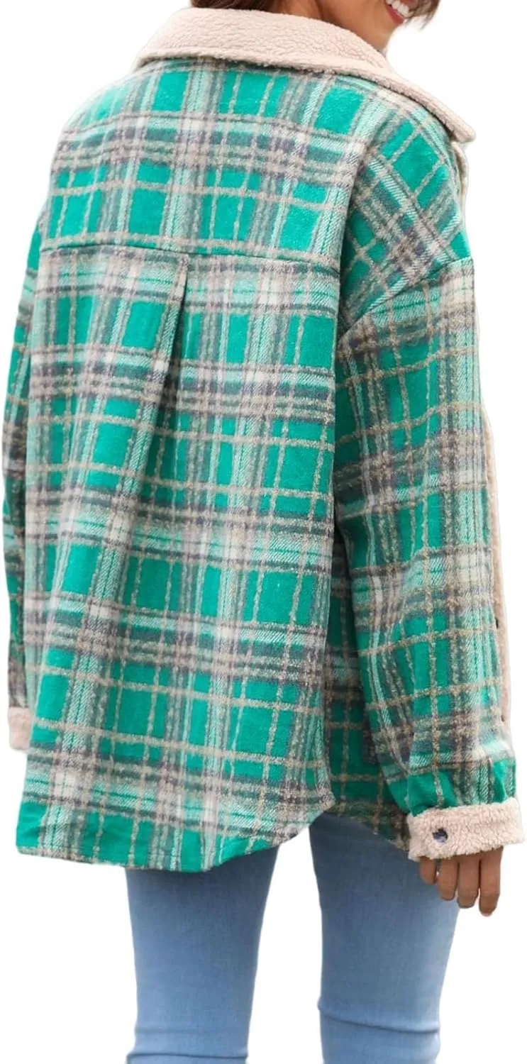 Womens Plaid Shacket Jacket Fall Outfits Flannel Plaid Button Down Warm Coat Fuzzy Fleece Open Front Shirts Jackets