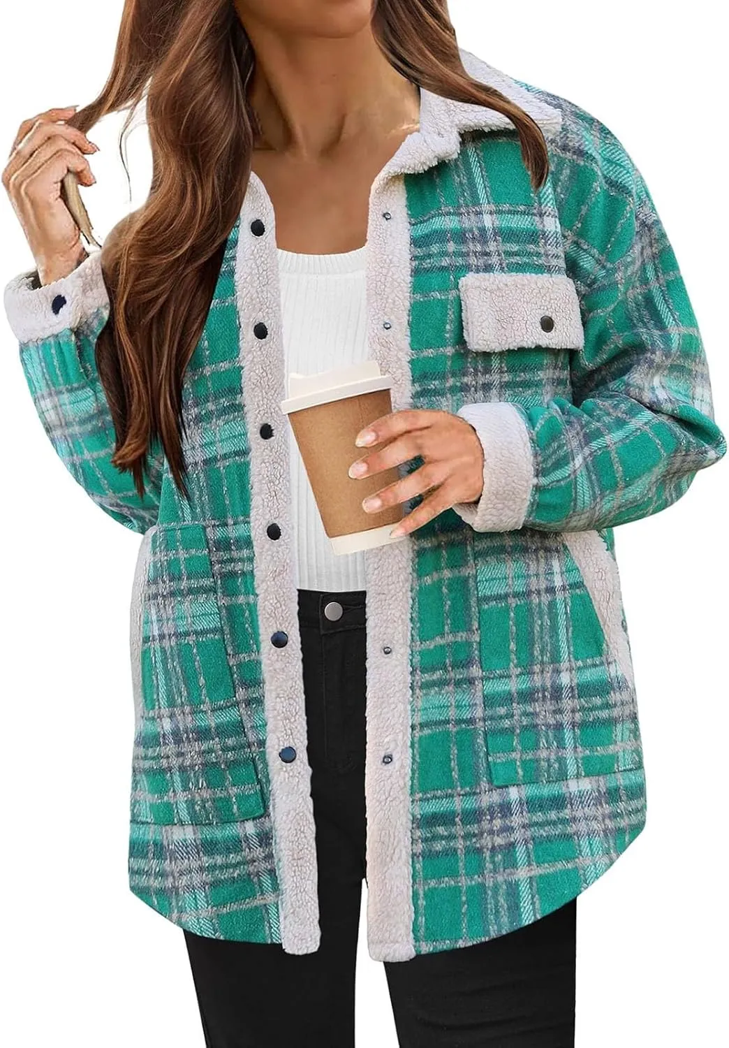 Womens Plaid Shacket Jacket Fall Outfits Flannel Plaid Button Down Warm Coat Fuzzy Fleece Open Front Shirts Jackets