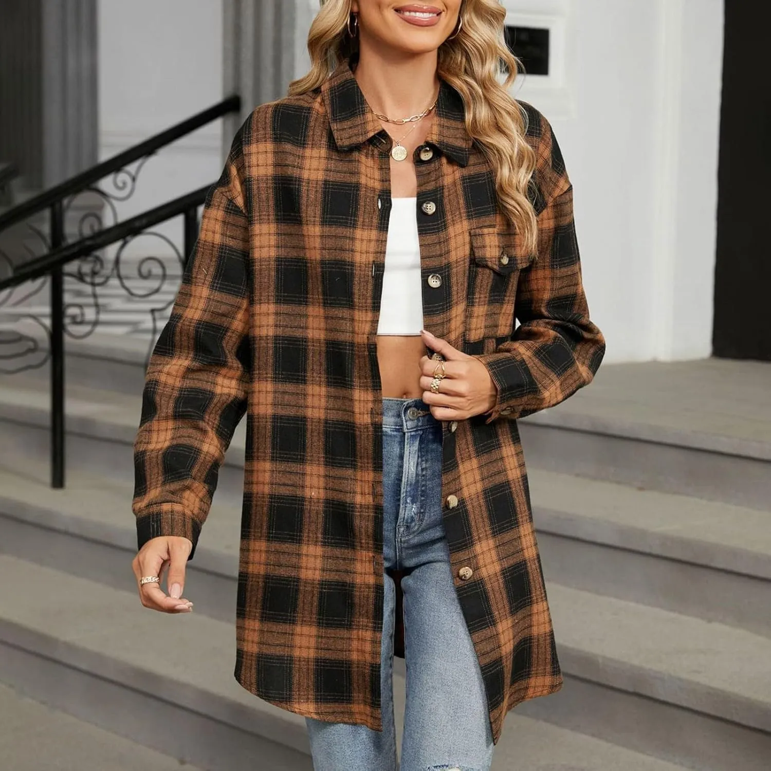 Womens Plaid Shacket Jacket Long Sleeve Button Down Shirts Casual Oversized Blouses With Pocket
