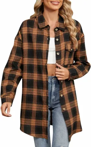 Womens Plaid Shacket Jacket Long Sleeve Button Down Shirts Casual Oversized Blouses With Pocket