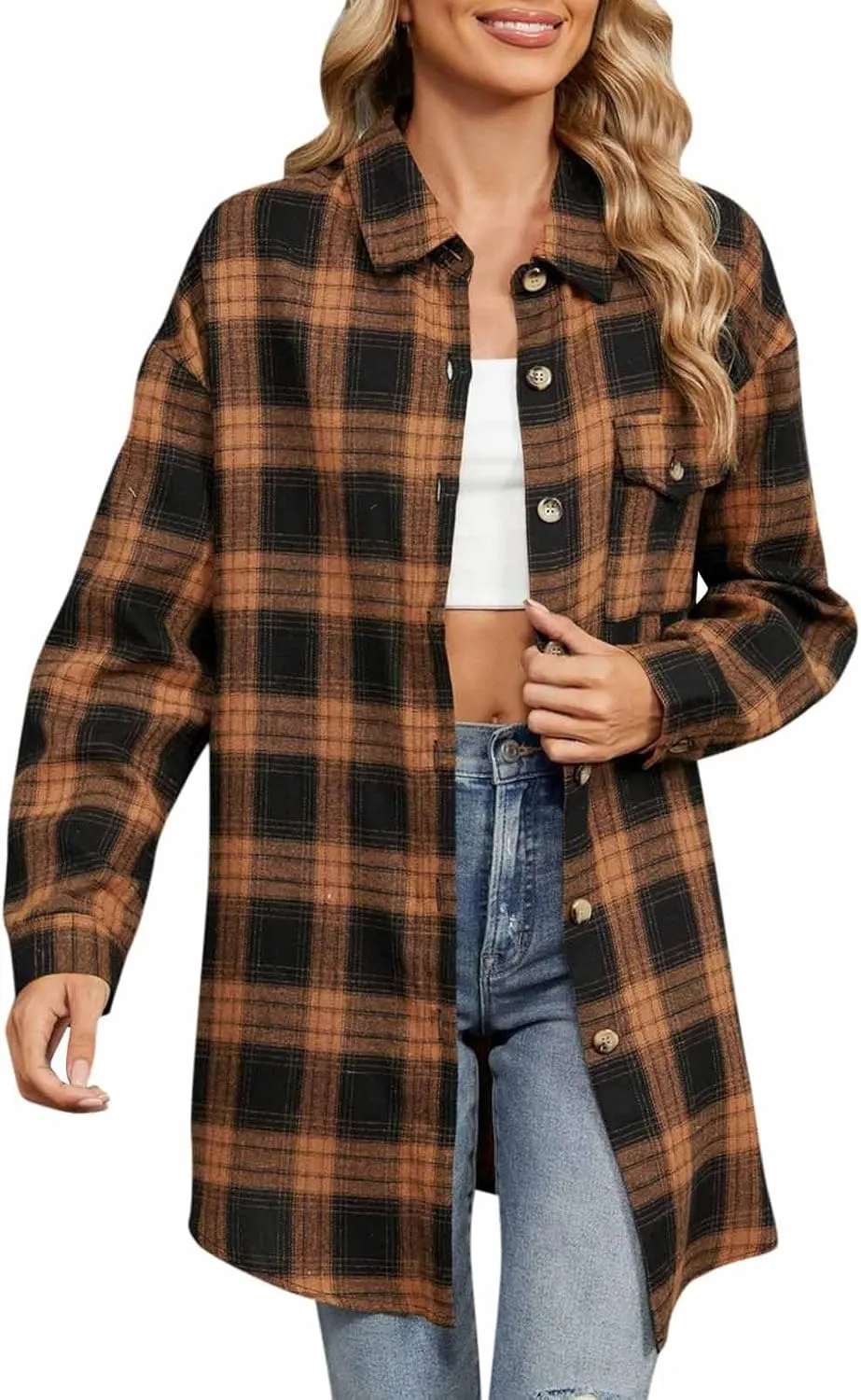 Womens Plaid Shacket Jacket Long Sleeve Button Down Shirts Casual Oversized Blouses With Pocket