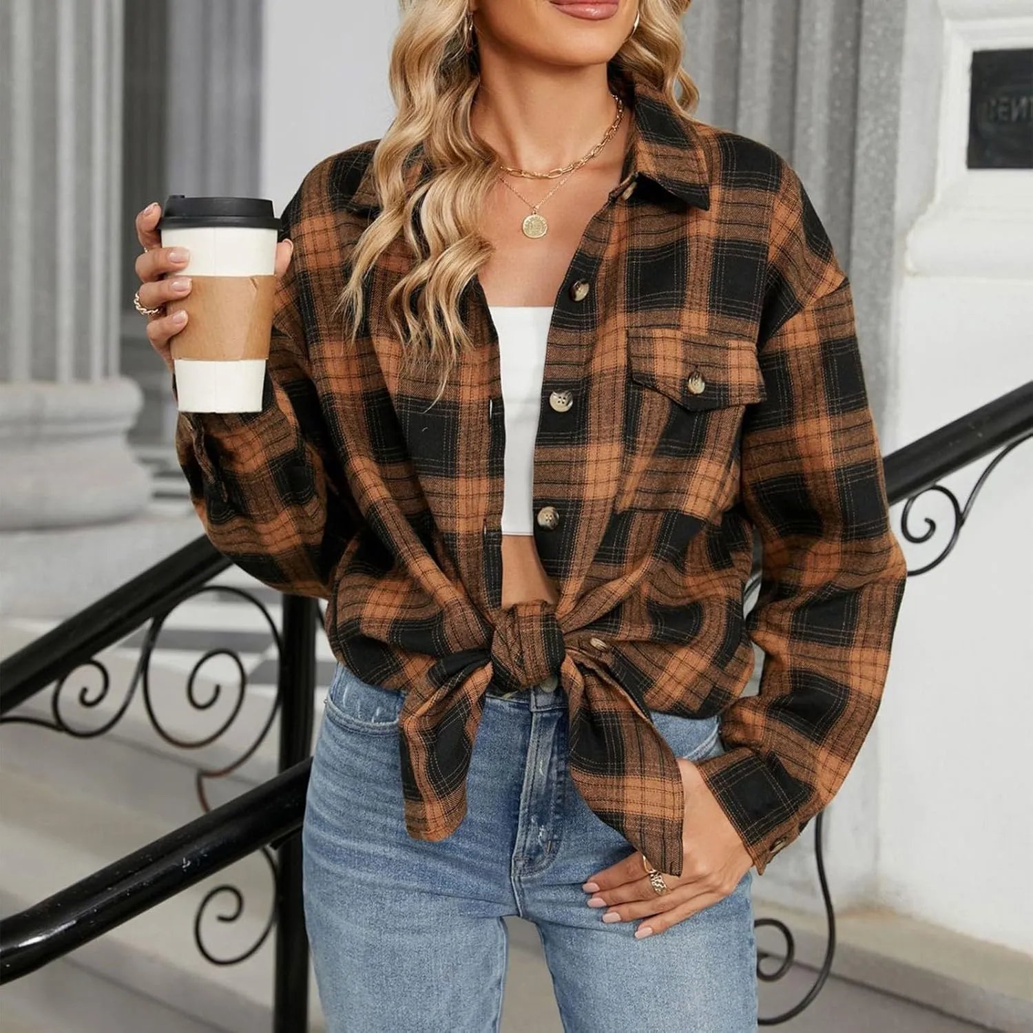 Womens Plaid Shacket Jacket Long Sleeve Button Down Shirts Casual Oversized Blouses With Pocket