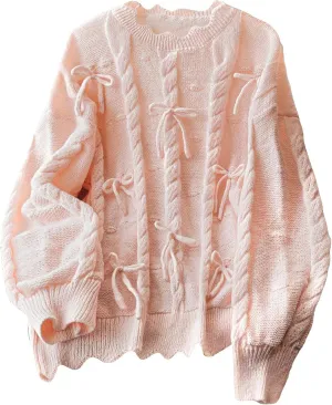 Women's Plus Size Bowknot Sweater Cable Knit Long Sleeve Crewneck Knit Pullovers Soft Knitwear