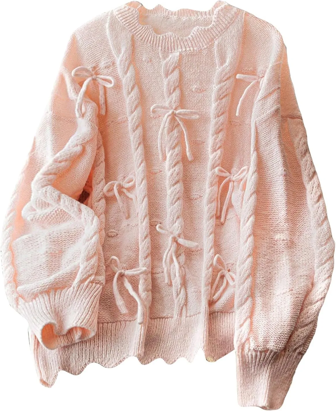 Women's Plus Size Bowknot Sweater Cable Knit Long Sleeve Crewneck Knit Pullovers Soft Knitwear