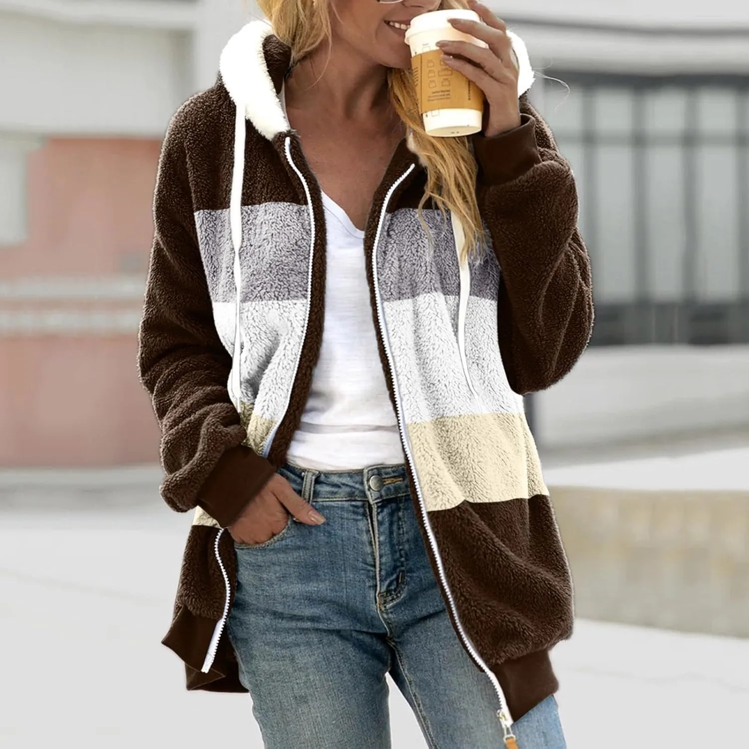Womens Plus Size Fuzzy Fleece Jacket Winter Full Zip Plush Hooded Cardigan Coats Soft Oversized Shaggy Warm Outerwear
