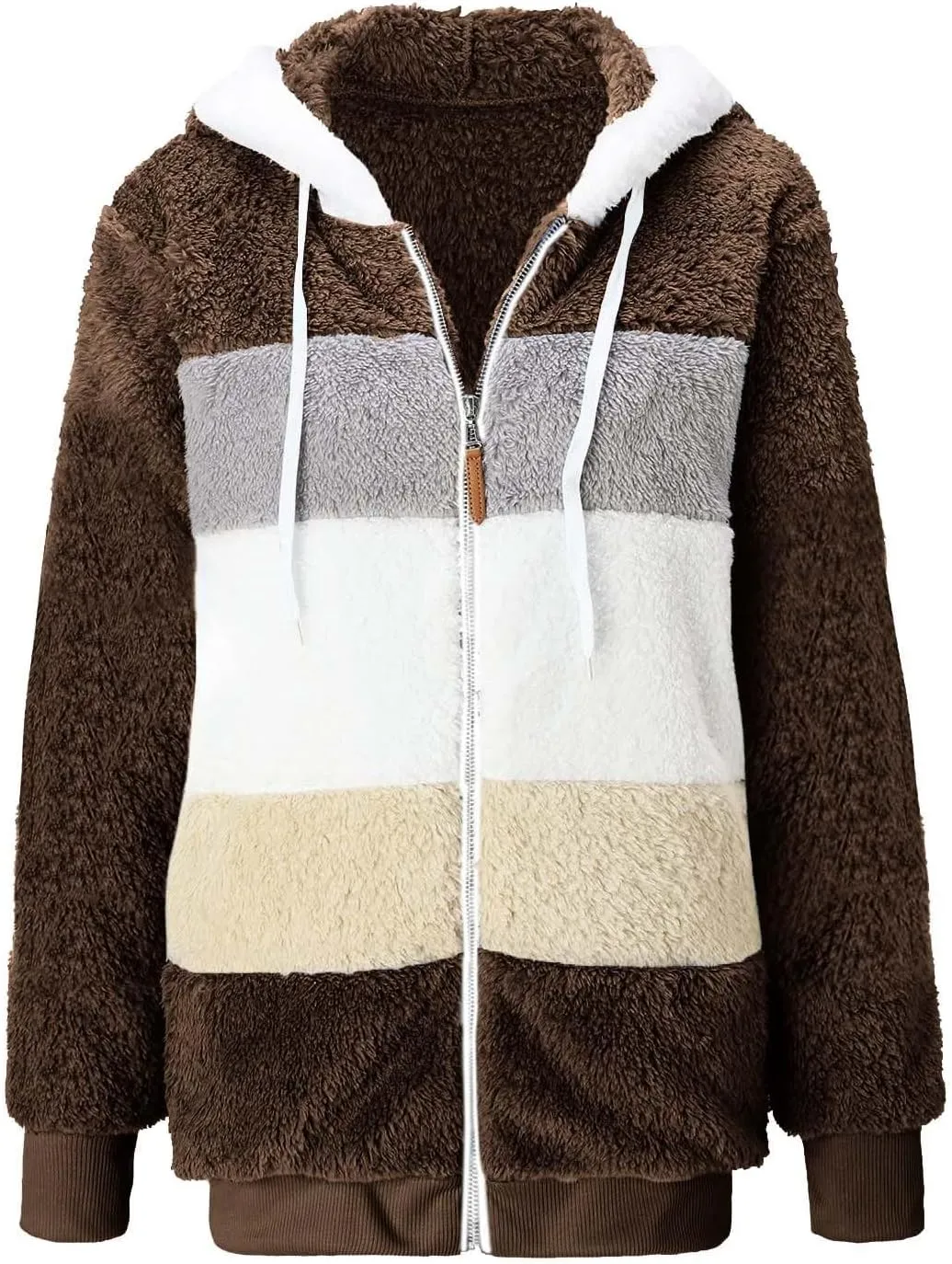 Womens Plus Size Fuzzy Fleece Jacket Winter Full Zip Plush Hooded Cardigan Coats Soft Oversized Shaggy Warm Outerwear