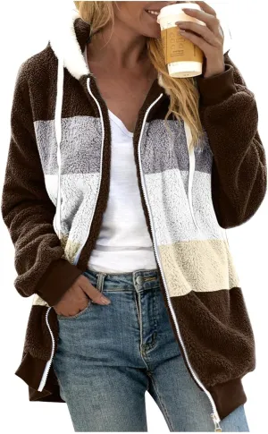 Womens Plus Size Fuzzy Fleece Jacket Winter Full Zip Plush Hooded Cardigan Coats Soft Oversized Shaggy Warm Outerwear