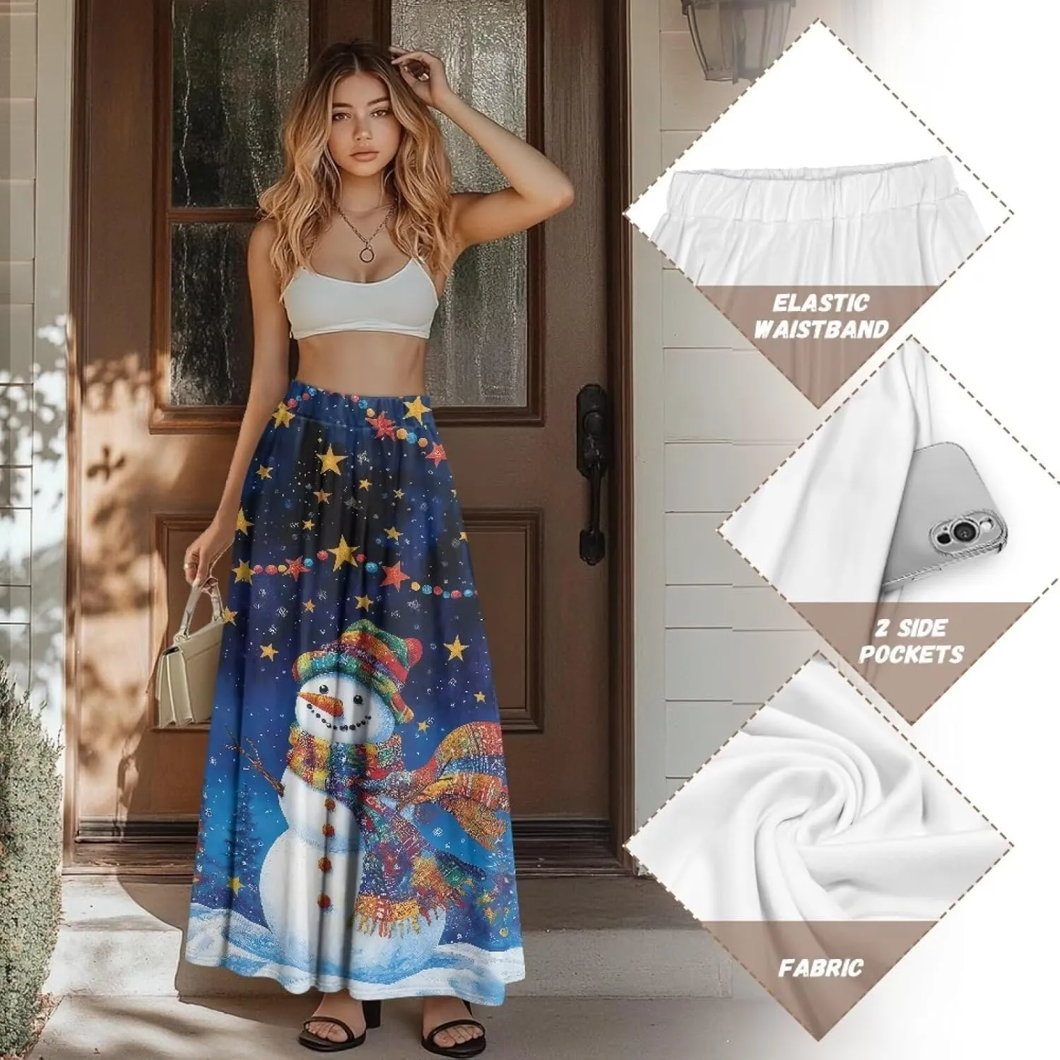 Women's Plus Size Skirts with Pockets Soft Flowy High Waist Pleated Midi A-Line Maxi Skirt for Party Beach S-2XL