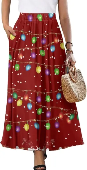 Women's Plus Size Skirts with Pockets Soft Flowy High Waist Pleated Midi A-Line Maxi Skirt for Party Beach S-2XL