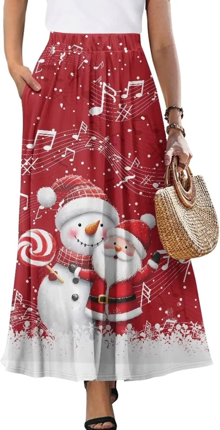 Women's Plus Size Skirts with Pockets Soft Flowy High Waist Pleated Midi A-Line Maxi Skirt for Party Beach S-2XL