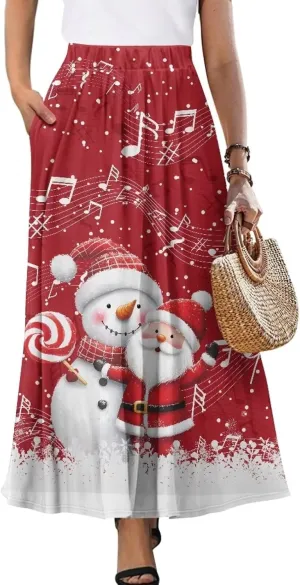 Women's Plus Size Skirts with Pockets Soft Flowy High Waist Pleated Midi A-Line Maxi Skirt for Party Beach S-2XL