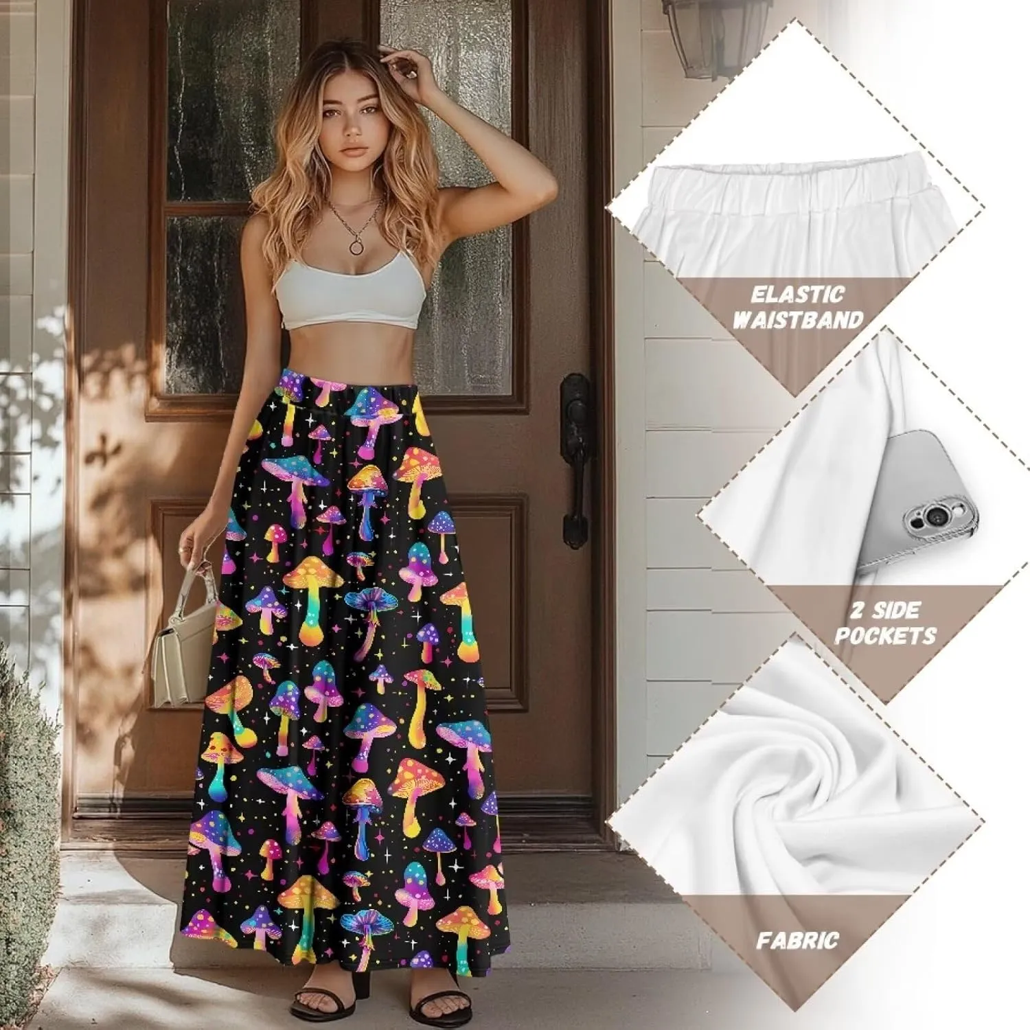 Women's Plus Size Skirts with Pockets Soft Flowy High Waist Pleated Midi A-Line Maxi Skirt for Party Beach S-2XL