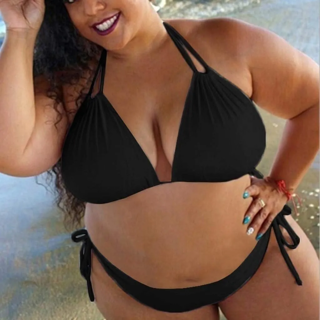 Womens Plus Size Triangle Bikibi Sets 2 Piece Double Straps Halter Swimsuits Sexy Side Tie String Bathing Suits