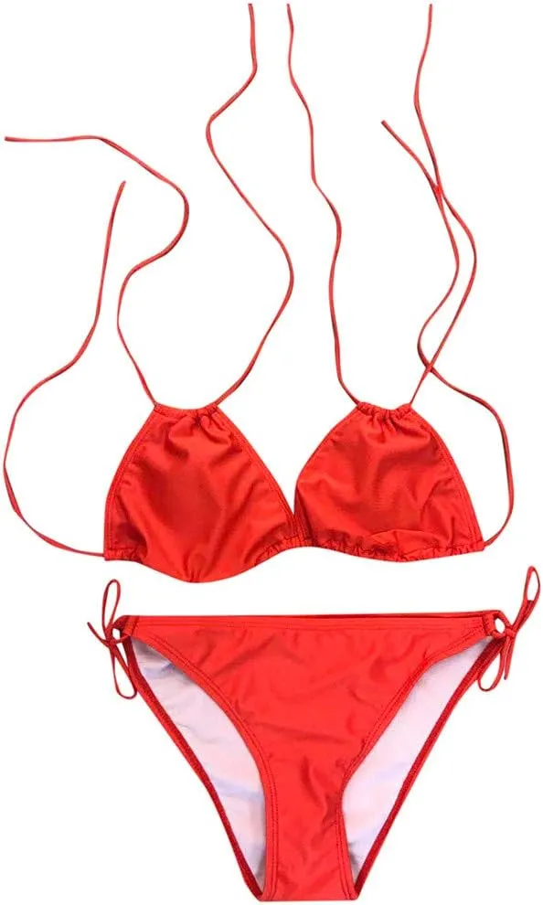 Womens Plus Size Triangle Bikibi Sets 2 Piece Double Straps Halter Swimsuits Sexy Side Tie String Bathing Suits